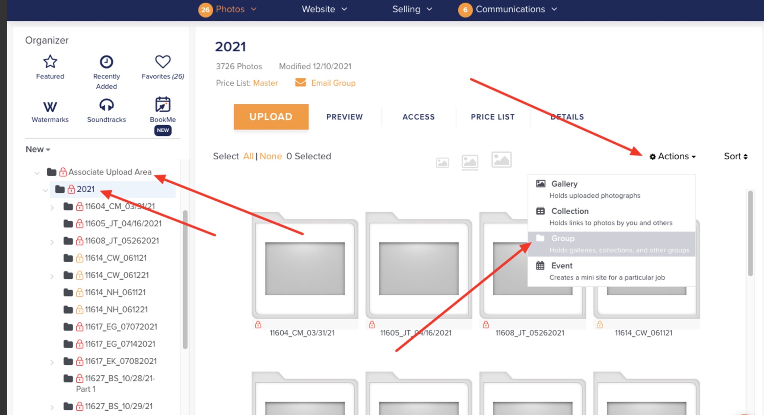 Associate Upload Area location in Zenfolio